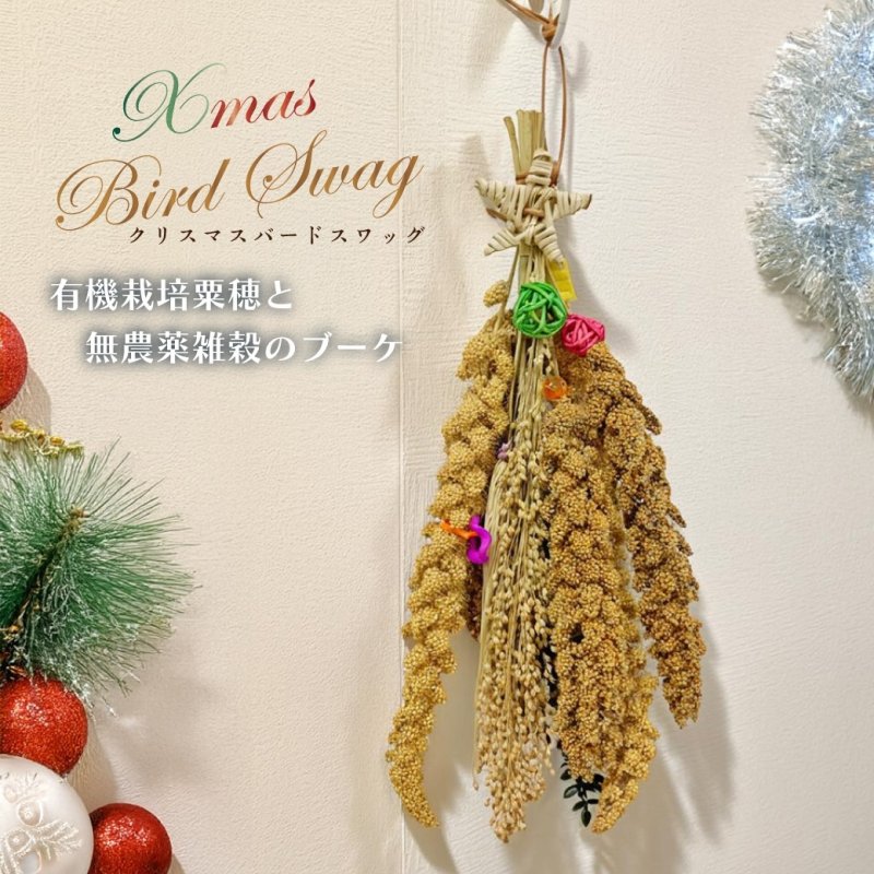 画像1: 【CAP!オリジナル】クリスマス バードスワッグ 小鳥が食べられる有機栽培粟穂と無農薬雑穀のブーケ (1)